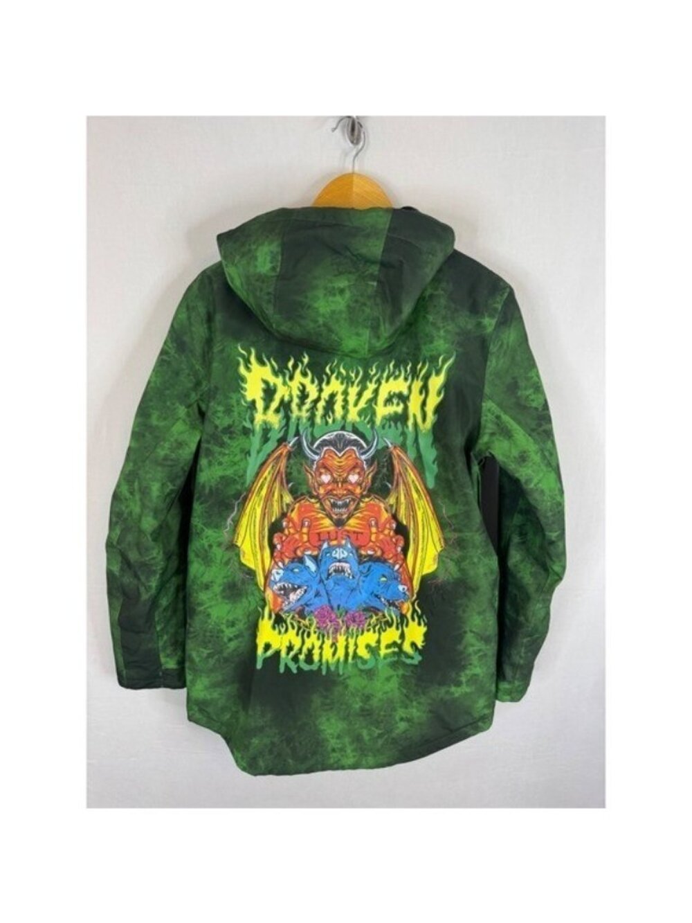 Broken Promises Mens S Green Tie Dye Graphic Hooded Snow Jacket Cerberus Devil